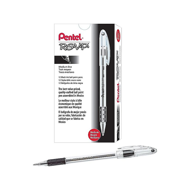 Pentel R.S.V.P. Ballpoint Pens, Medium Point, Black Ink, 12/Pack (BK91-A) image 1