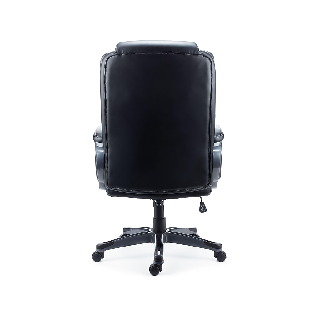 Back view of black bonded leather manager chair on wheeled base