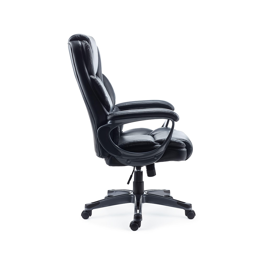 Side view of black bonded leather manager chair with armrests