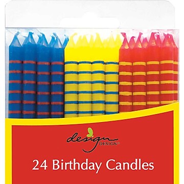 JAM Paper® Birthday Candle Sticks, 2 3/8 x 1/4, Blue, Yellow & Red with Stripes, 24/Pack (52645603454)