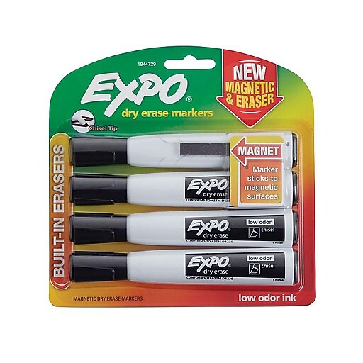 Expo® Dry Erase Markers with Eraser, Chisel Tip, Black, 4/pk