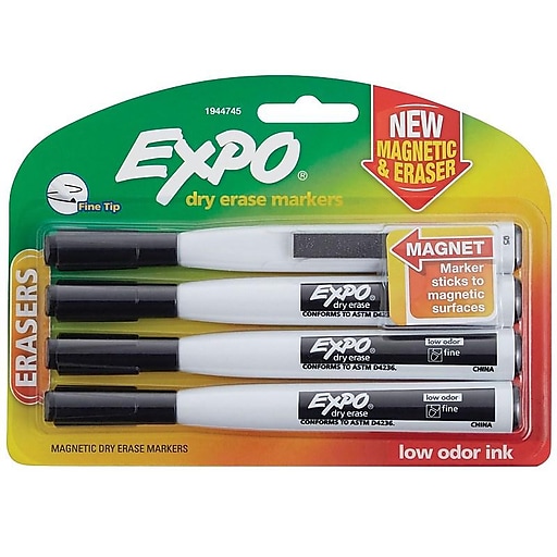 EXPO® Magnetic Dry Erase Markers With Eraser, Fine Tip, Black Ink, Pack Of  4 - Zerbee