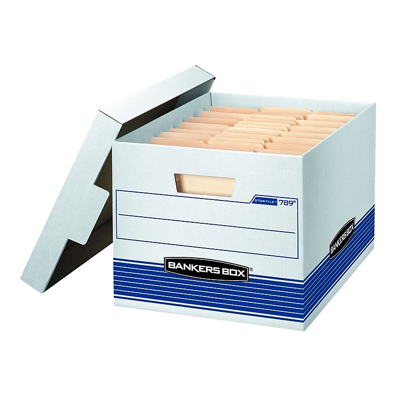 Bankers Box Stor/File™ Medium-Duty FastFold File Storage Boxes, Lift-Off Lid, Letter/Legal Size, White/Blue, 12/Carton (00789) image 1