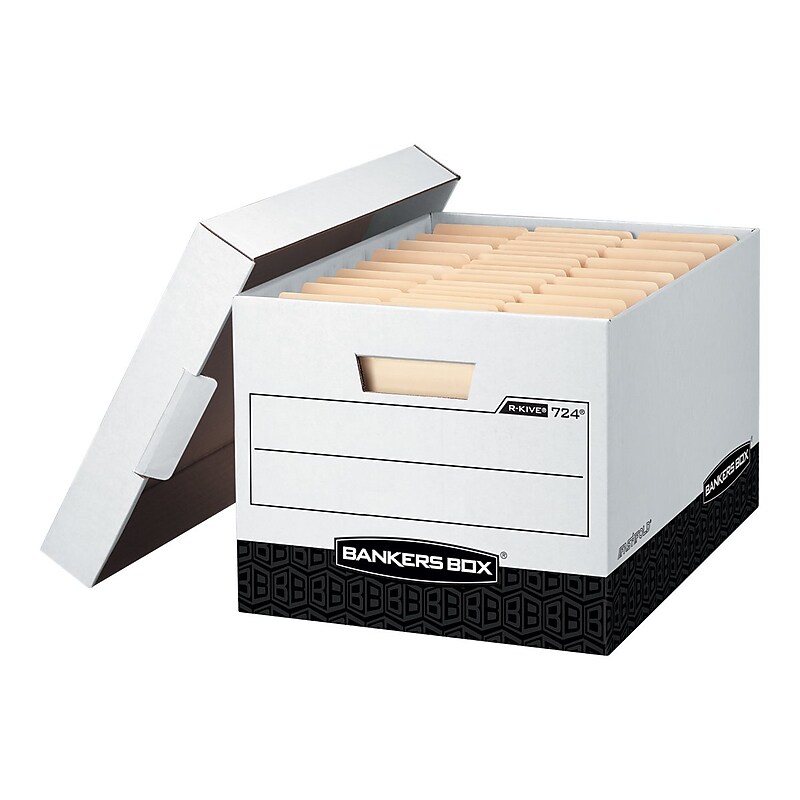 Bankers Box R-Kive® Heavy-Duty FastFold File Storage Boxes, Lift-Off Lid, Letter/Legal Size, White/Black, 12/Carton (00724) image 1