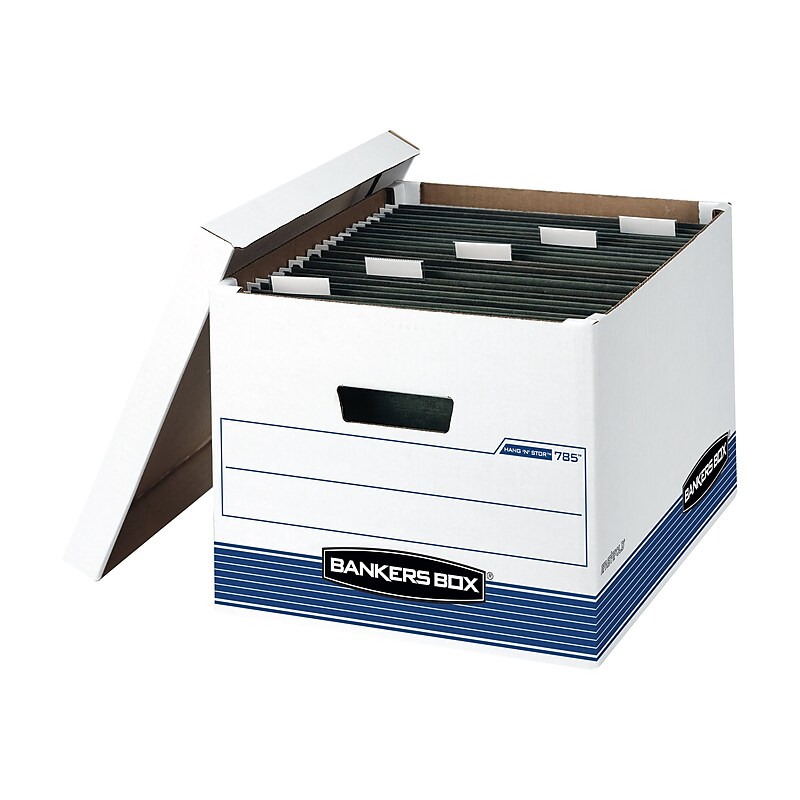 Bankers Box Medium-Duty FastFold Corrugated File Boxes, Lift-off Lid, Letter/Legal Size, White/Blue, 4/Carton (00785) image 1