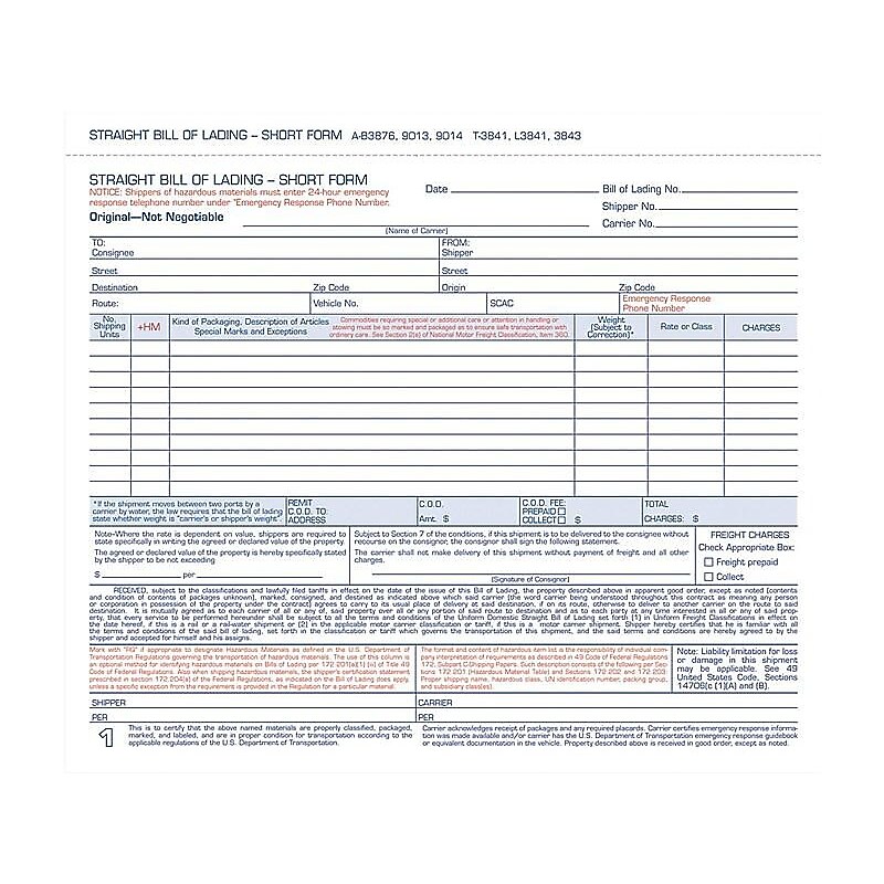 Adams 3-Part Carbonless Bill of Lading, 8.5"L x 7.44"W, 250 Sets/Book (B3876) image 1