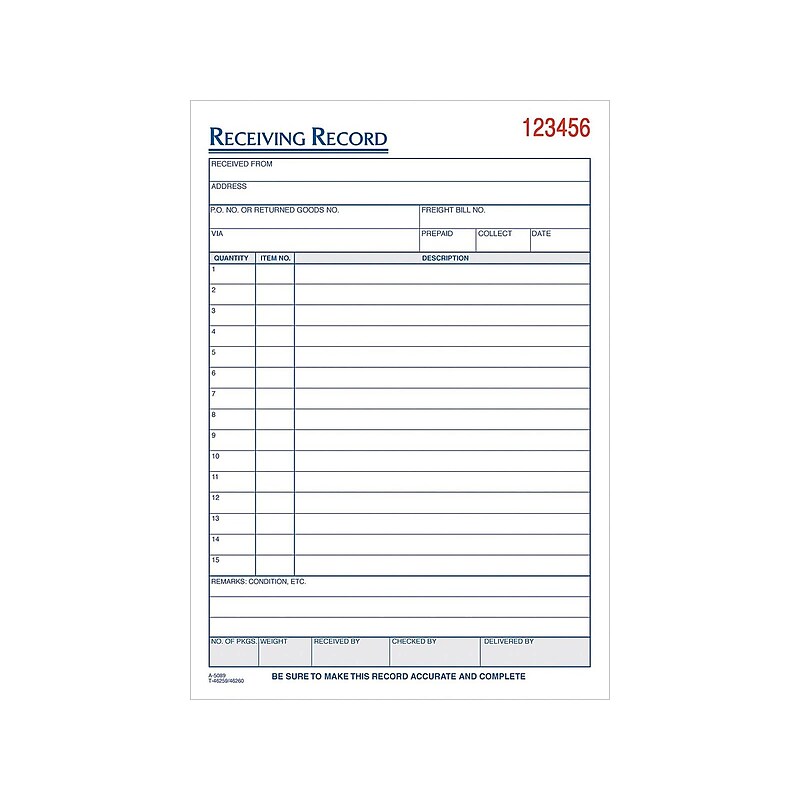 TOPS 3-Part Carbonless Receiving Records, 5.56"W x 7.94"L, 50 Sets/Book (46260) image 1