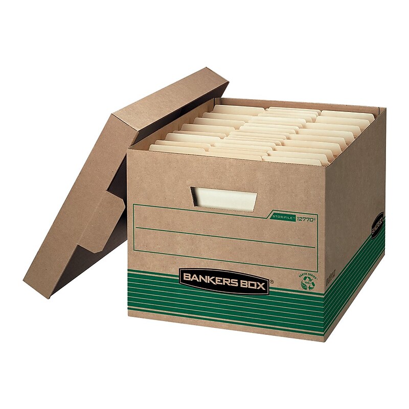 Bankers Box® Medium-Duty Recycled FastFold File Storage Boxes, Lift-Off Lid, Letter/Legal Size, Brown, 12/Carton (12770) image 1