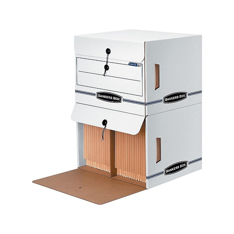 Bankers Box Side-Tab Drop-Front Corrugated File Storage Boxes, String & Button, Letter Size, White/Blue, 12/Carton (00061) image 1