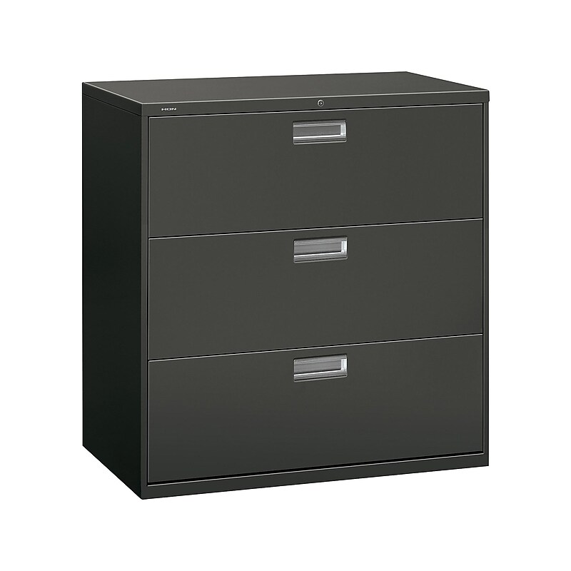 HON Brigade 600 Series 3-Drawer Lateral File Cabinet, Locking, Charcoal, Letter/Legal, 42"W (H693.L.S) image 1