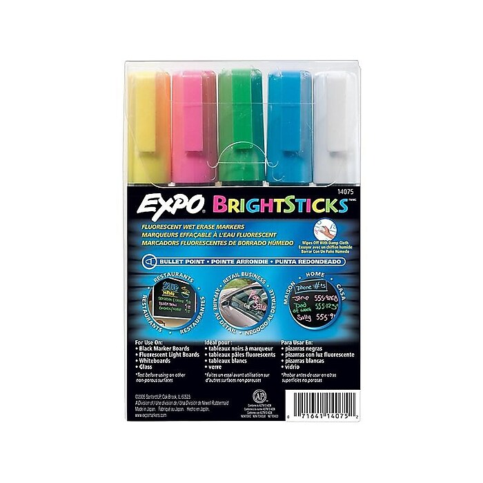 Expo BrightSticks Wet Erase Markers, Bullet Tip, Assorted, 5/Pack