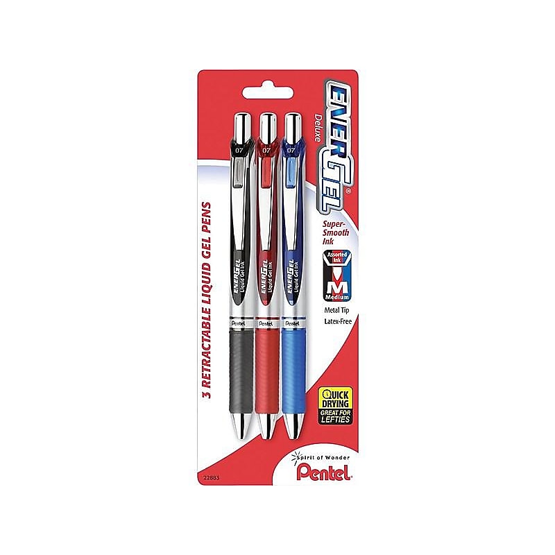 Pentel EnerGel Deluxe RTX Retractable Gel Pens, Medium Point, Assorted Ink, 3 Pack (BL77BP3M) image 1