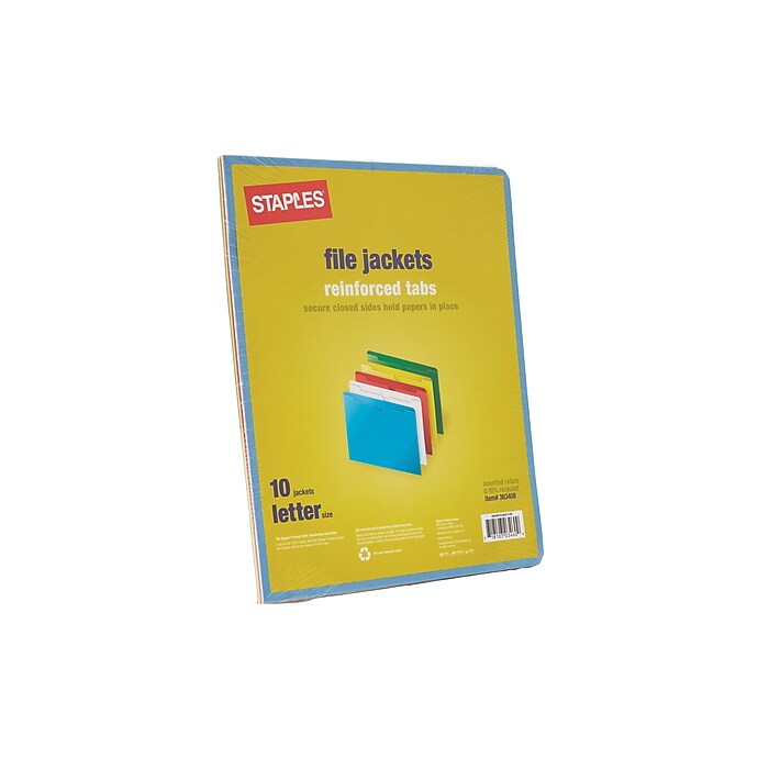 Staples File Jackets, Letter Size, Assorted Colors, 10/Pack