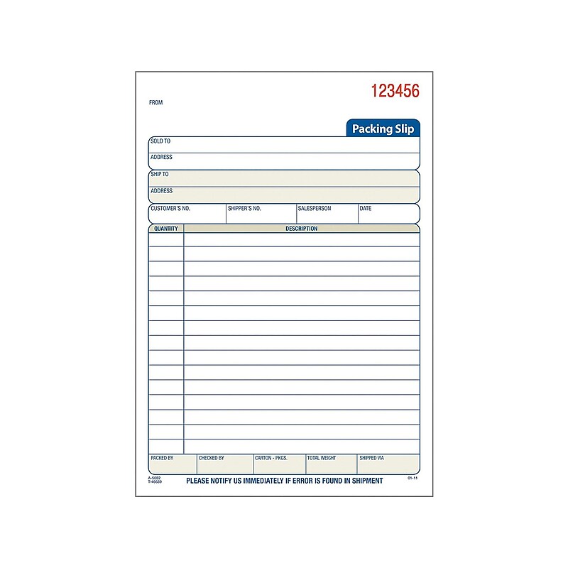 Adams 3-Part Carbonless Packing Slips, 7.94"L x 5.56"W, 50 Sets/Book (T5082) image 1