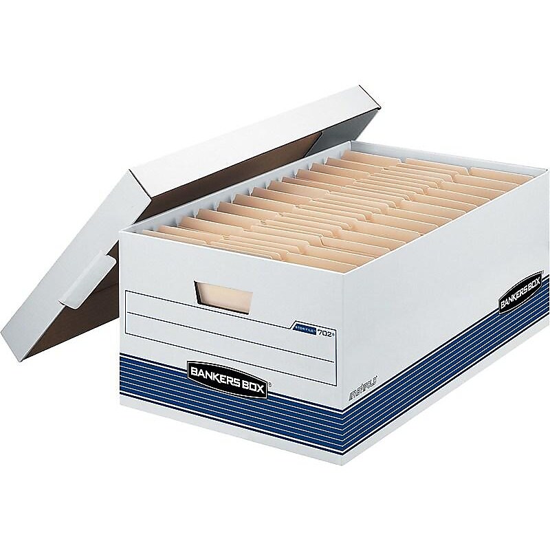 Bankers Box Medium-Duty FastFold Corrugated File Storage Boxes, 24" Lift-Off Lid, Legal Size, White/Blue, 12/Carton (00702) image 1