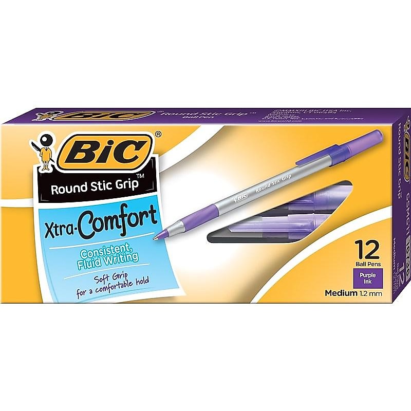 BIC Round Stic Grip Xtra Comfort Ballpoint Pens, Medium Point, Purple Ink, Dozen (16736-0) image 1