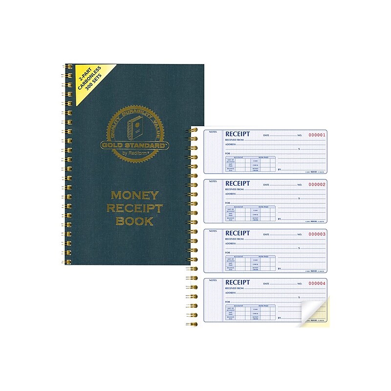 Rediform Gold Standard 2-Part Carbonless Receipts Book, 7"L x 2.75"W, 300 Forms/Book (8L810) image 1