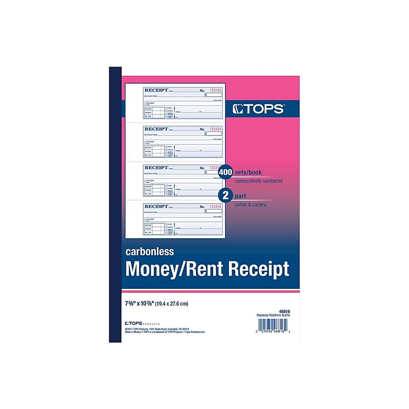 TOPS 2-Part Carbonless Receipts Book, 2.75"L x 7.13"W, 400 Forms/Book, Each (TOP 46816) image 1