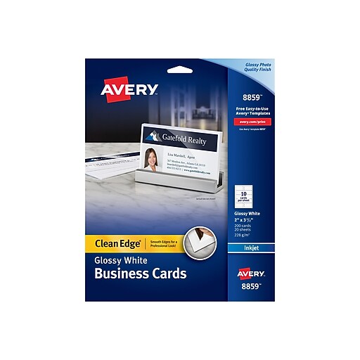 Avery Clean Edge Inkjet Business Cards, 3.5"W x 2"L, Glossy White, 200