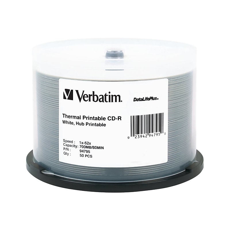Verbatim DataLifePlus 94795 52x CD-R, White Thermal Printable, Hub Printable, 50/Pack image 1