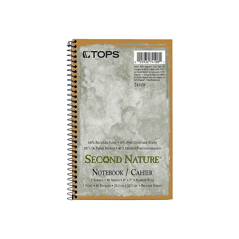 TOPS Second Nature 1-Subject Notebooks, 5" x 8", Narrow Ruled, 80 Sheets, Green (74108) image 1