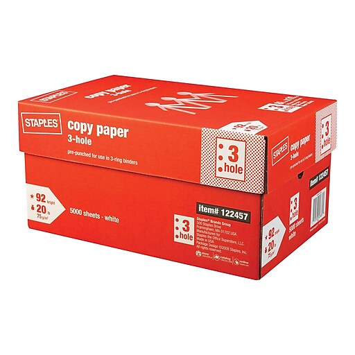 8.5 x 11 3-Hole Punch Copy Paper, 20 lbs., 92 Brightness, 500  Sheets/Ream, 5 Reams/Carton (4072)