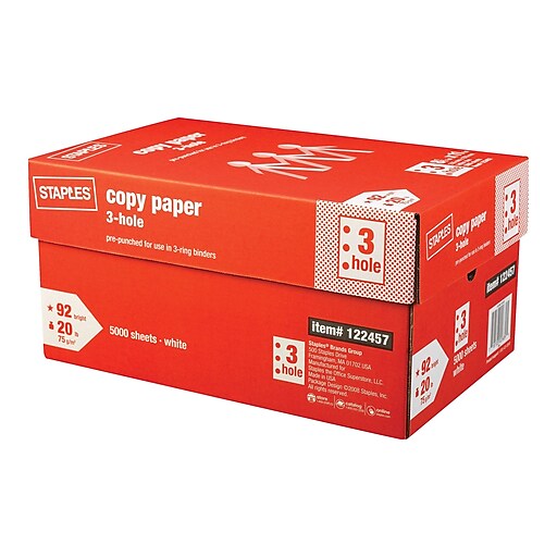 Staples 3-Hole Punch Copy Paper, 8.5 x 11, 20 lbs., 500 Sheets/Ream, 10  Reams/Carton (221192)