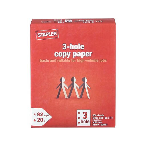 Staples Copy Paper, 81/2" x 11", 3Hole Punched, 500/Ream (221192