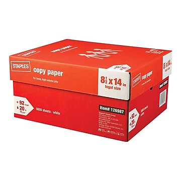 Staples Copy Paper, 8.5" x 14", 20 lbs., White, 500 Sheets/Ream, 10 Reams/Carton (221193)