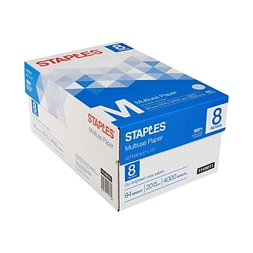 Staples Multiuse Copy Paper, 8.5" x 11", 20 lbs., 94 Brightness, 500 Sheets/Ream, 8 Reams/Carton (26860-CC)