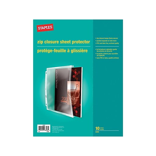 Staples SideLoad ThreeRing Mediumweight PVCFree Zip Closure Sheet Protectors, Clear, 10/Pack