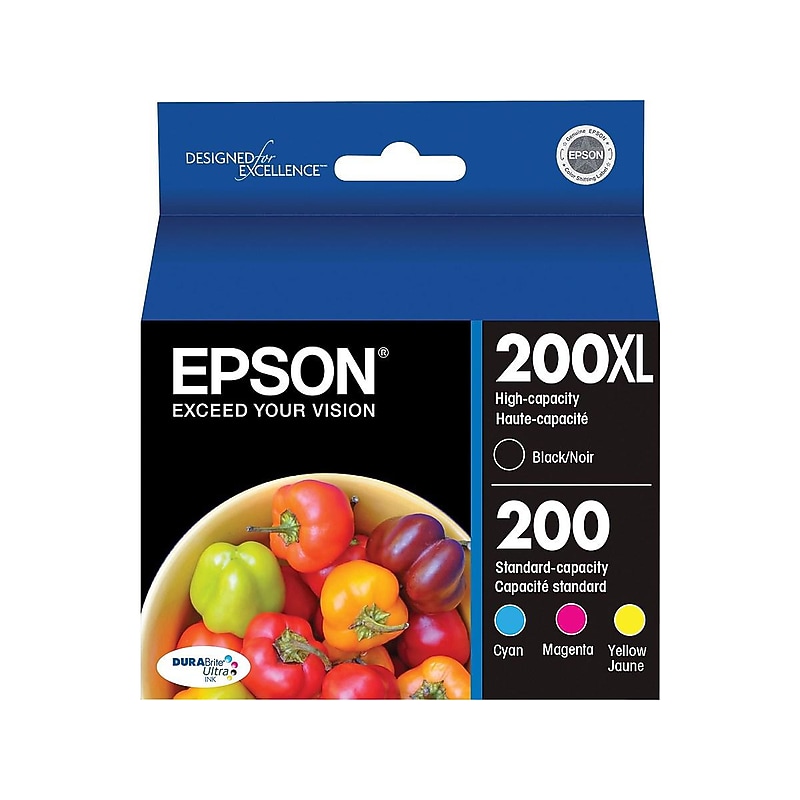 Epson T200 Black High Yield and Cyan/Magenta/Yellow Standard Yield Ink Cartridge, 4/Pack (T200XL-BCS) image 1
