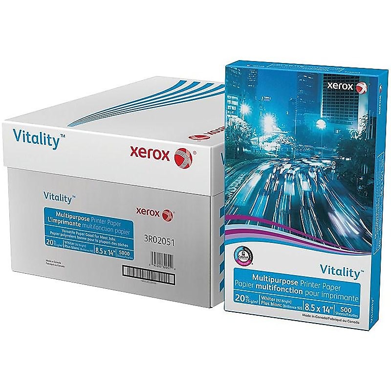 Xerox Vitality 8.5" x 14" Multipurpose Paper, 20 lbs., 92 Brightness, 500 Sheets/Ream, 10 Reams/Carton (3R02051) image 1