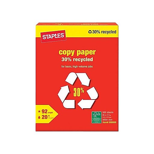 Staples 30 Recycled Copy Paper, 8 1/2" x 11", White, 500/Ream (112350/1542) Staples