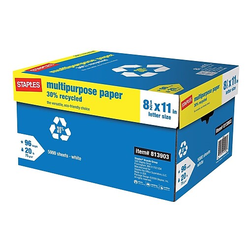 Staples 30 Recycled 8.5" x 11" Multipurpose Paper, 20 lbs., 96 Brightness, 500/Ream, 10 Reams
