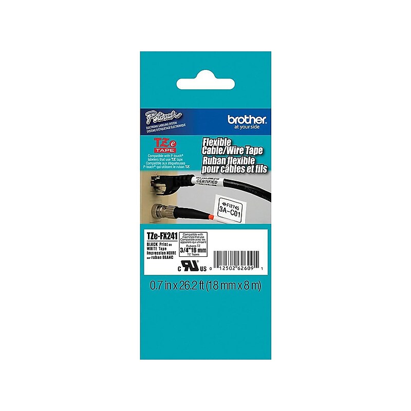 Brother P-touch TZe-FX241 Laminated Flexible ID Label Maker Tape, 3/4" x 26-2/10', Black on White (TZe-FX241) image 1