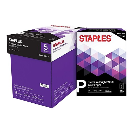 Staples Inkjet Paper, 8 1/2" x 11", Bright White, Half Case Staples