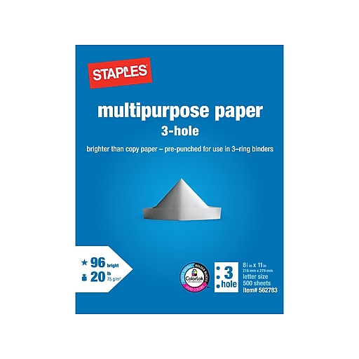 3 Hole Punch Copy Paper - Staples 8.5 x 11, 20 lbs., 92 Brightness,  500/Ream, 10 Reams/Carton (221192)