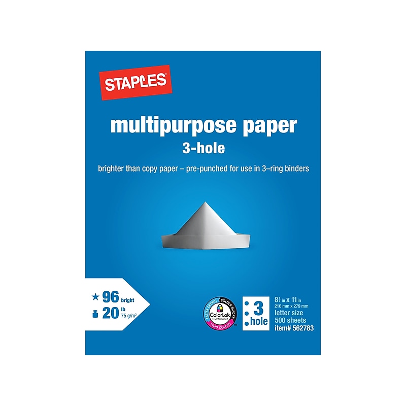 Staples 8.5" x 11" 3-Hole Punch Multipurpose Paper, 20 lbs., 96 Brightness, 500/Ream (05031) image 1