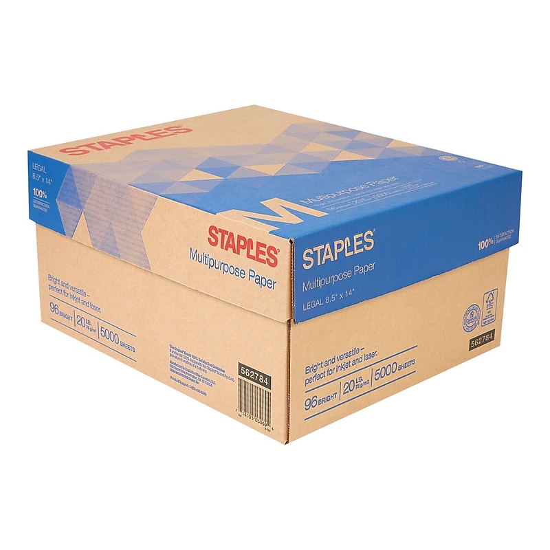 Staples 8.5" x 14" Multipurpose Paper, 20 lbs., 96 Brightness, 500/Ream, 10 Reams/Carton (05028) image 1