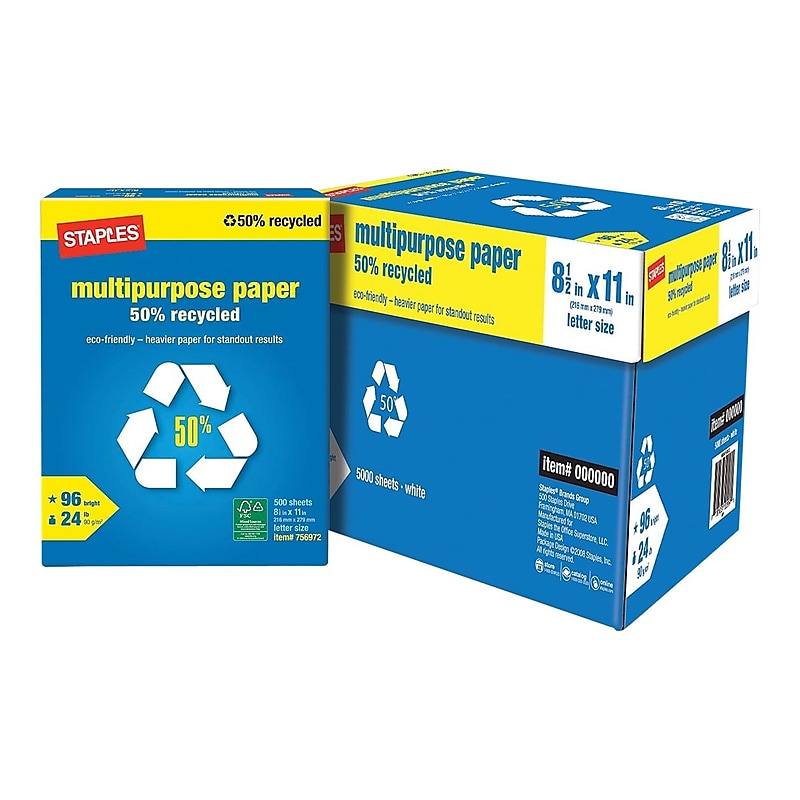 Staples 50% Recycled Multipurpose Paper, 8.5" x 11", 24 lbs., White, 500 Sheets/Ream, 10 Reams/Carton (86059) image 1