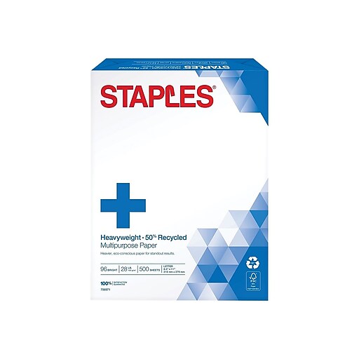 Staples 50% Recycled Heavyweight 8.5 x 11 Multipurpose Paper, 28 lbs., 96  Brightness, 500/Ream (86058)