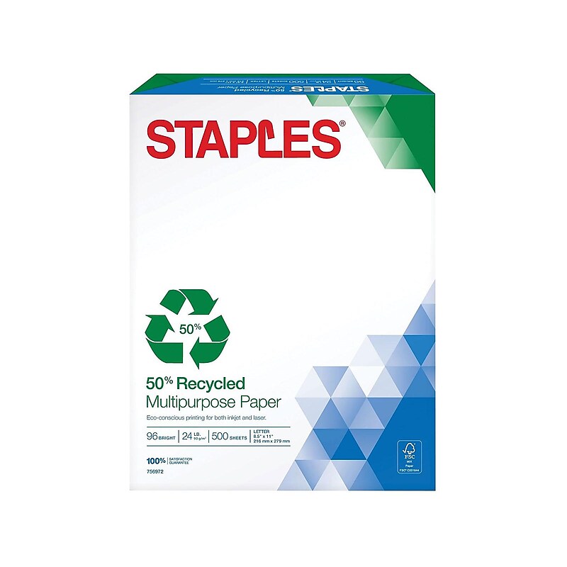 Staples 50% Recycled 8.5" x 11" Multipurpose Paper, 24 lbs., 96 Brightness, 500/Ream (86059) image 1