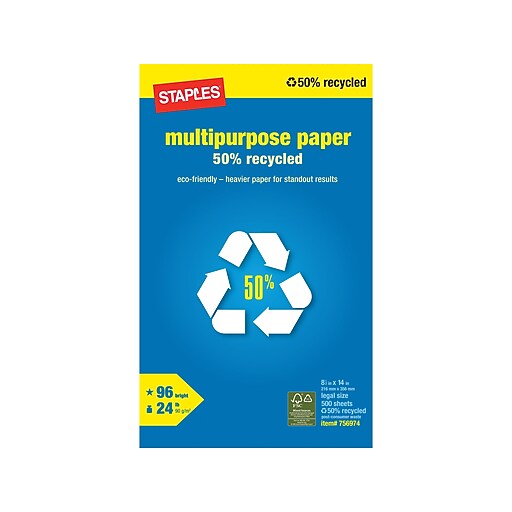 Staples 50 Recycled Multipurpose Paper, 8 1/2" x 14", Ream at Staples