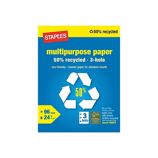 Staples 50 Recycled Multipurpose Paper; 8 1/2" x 11", 3Hole Punched, Ream at Staples