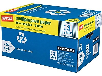 Staples 50% Recycled 8.5  x 11  Paper 24 lbs. 96 Bright. 500/RM 10 RM/CT 86053