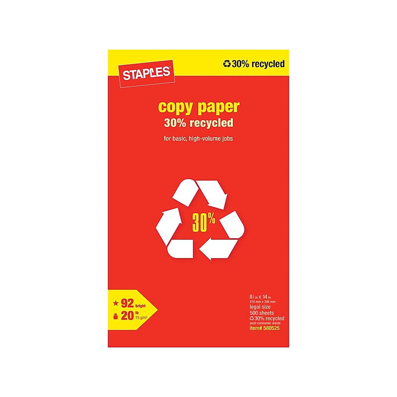 Staples 30% Recycled 8.5" x 14" Copy Paper, 20 lbs., 92 Brightness, 500/Ream (112380) image 1