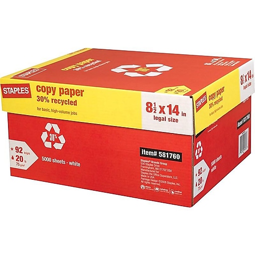 Staples 100% Recycled Copy Paper, 8.5 x 11 - 5000 sheets