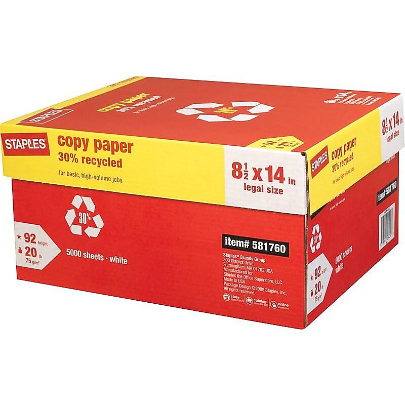 Staples 30% Recycled Copy Paper, 8.5" x 14", 20 lbs., White, 500 Sheets/Ream, 10 Reams/Carton (112380) image 1