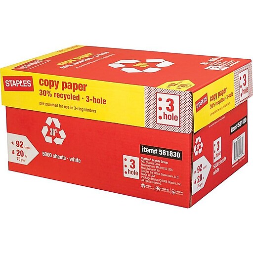 Staples 30 Recycled Copy Paper, 8 1/2" x 11", 3Hole Punched, 5,000